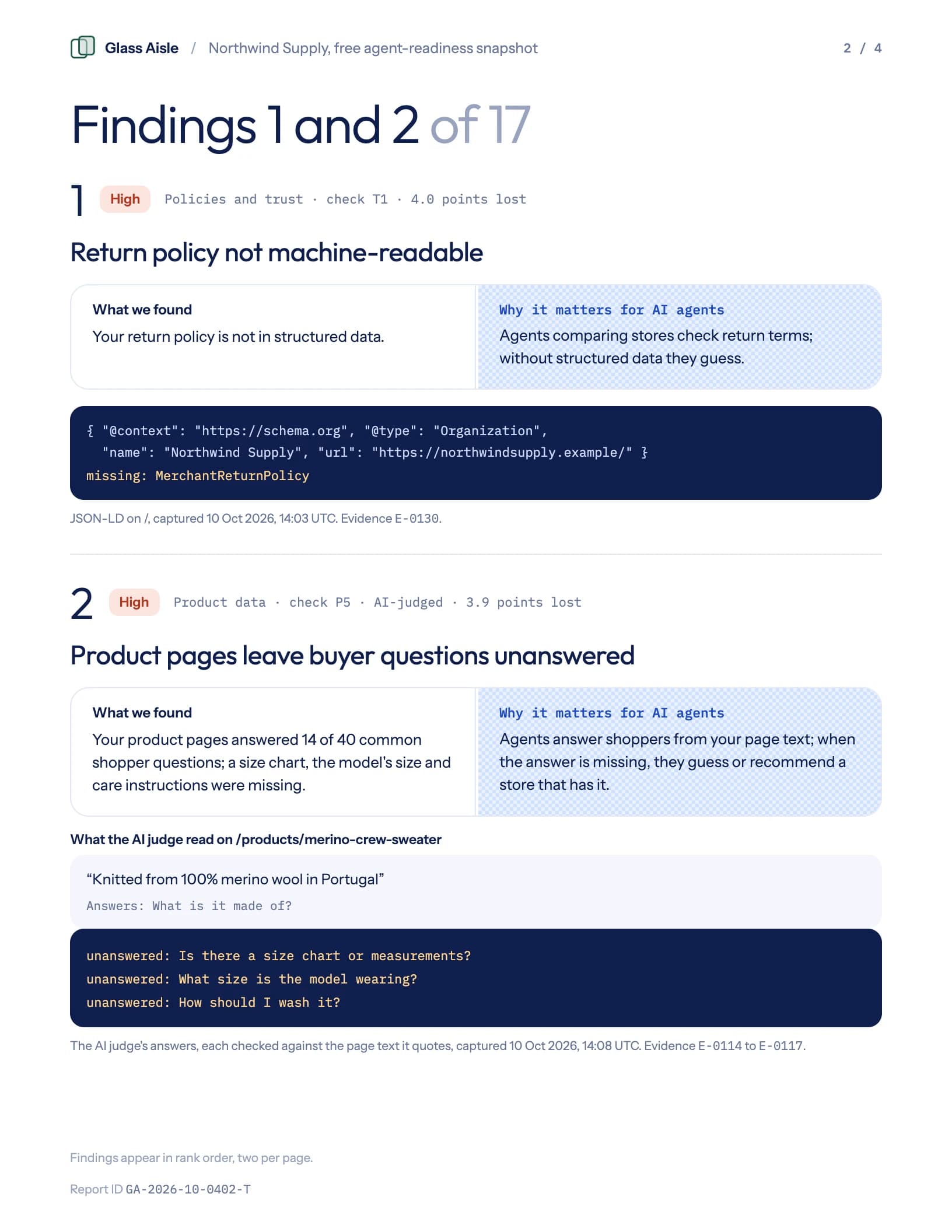 Snapshot findings page for Northwind Supply, with each finding's evidence beside why it matters for AI agents